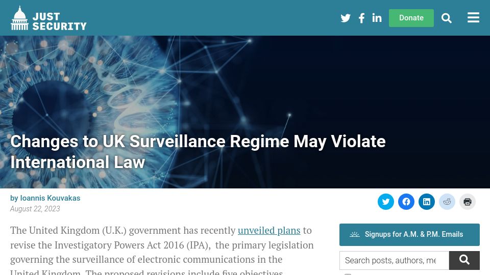 Screenshot of justsecurity.org: Changes to UK Surveillance Regime May Violate International Law