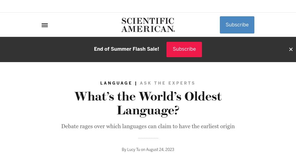 Screenshot of scientificamerican.com: What’s the World’s Oldest Language?