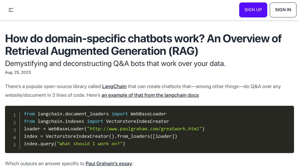 Screenshot of scriv.ai: How do domain-specific chatbots work? A retrieval augmented generation overview