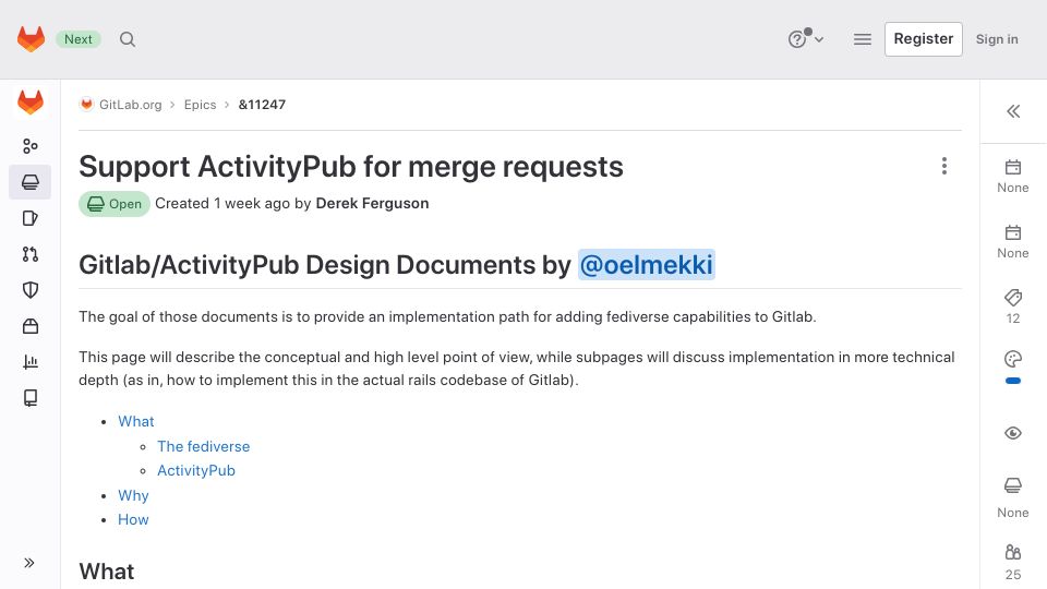 Screenshot of gitlab.com: Gitlab's plan to support ActivityPub for merge requests
