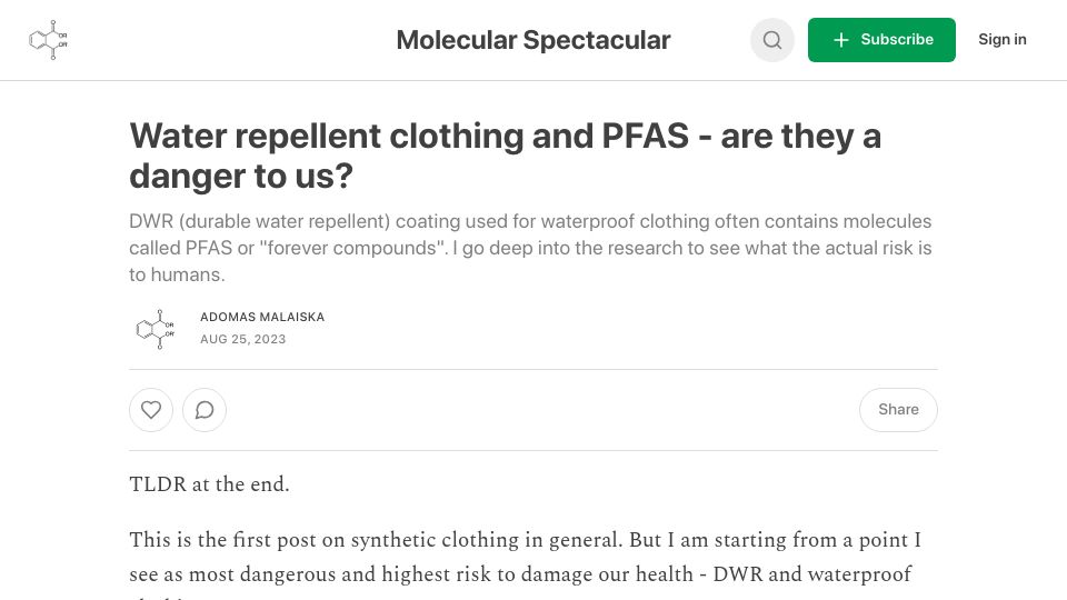 Screenshot of molecularspec.substack.com: Does wearing waterproof clothing increase PFAS in our bodies?