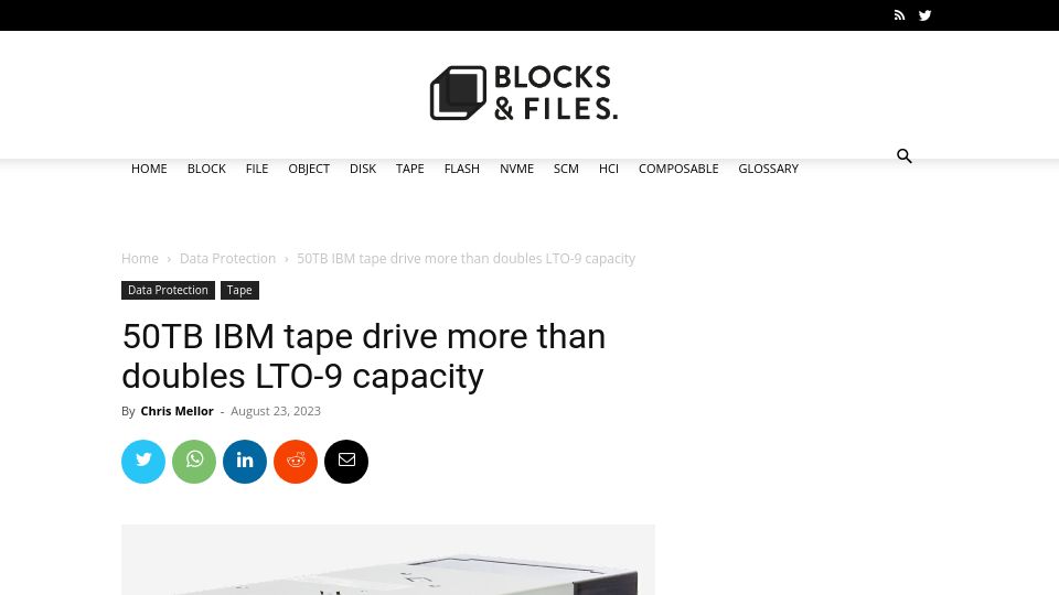Screenshot of blocksandfiles.com: 50TB IBM tape drive more than doubles LTO-9 capacity