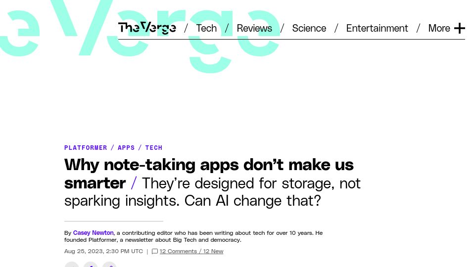 Screenshot of theverge.com: Note-taking apps are designed for storage, not insight – can AI change that?