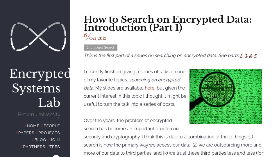 Screenshot of esl.cs.brown.edu: How to Search on Encrypted Data (2013)