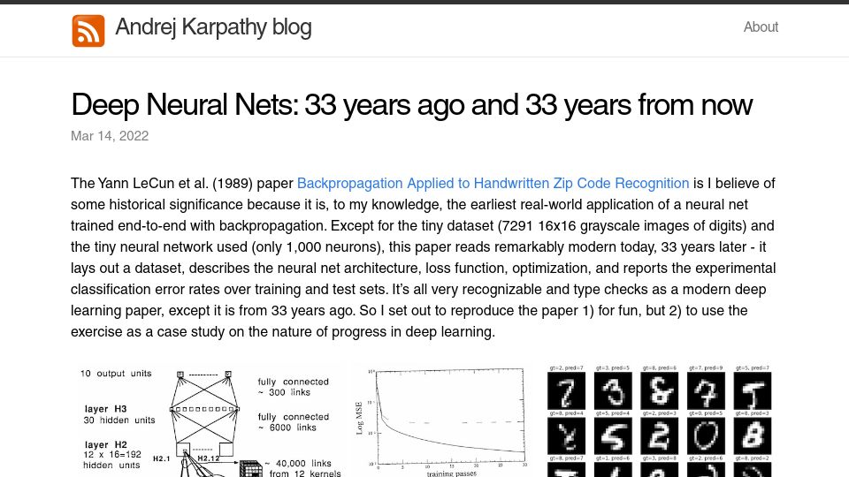 Screenshot of karpathy.github.io: Deep Neural Nets: 33 years ago and 33 years from now (2022)