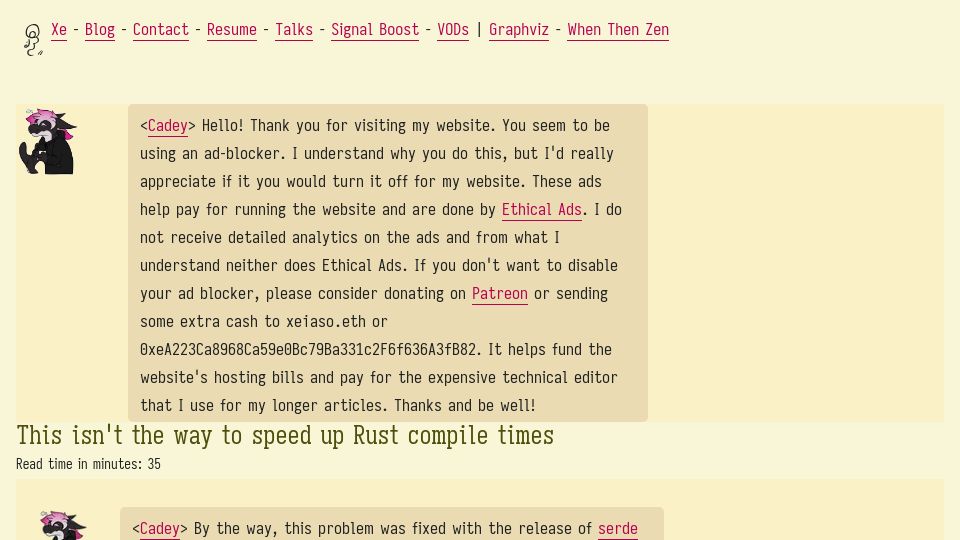 Screenshot of xeiaso.net: This isn’t the way to speed up Rust compile times