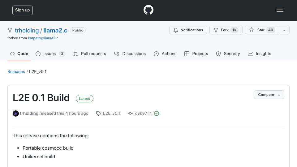 Screenshot of github.com: Llama2.c L2E LLM – Multi OS Binary and Unikernel Release