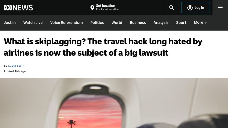 Screenshot of abc.net.au: Skiplagging: The travel hack hated by airlines is now the subject of a lawsuit