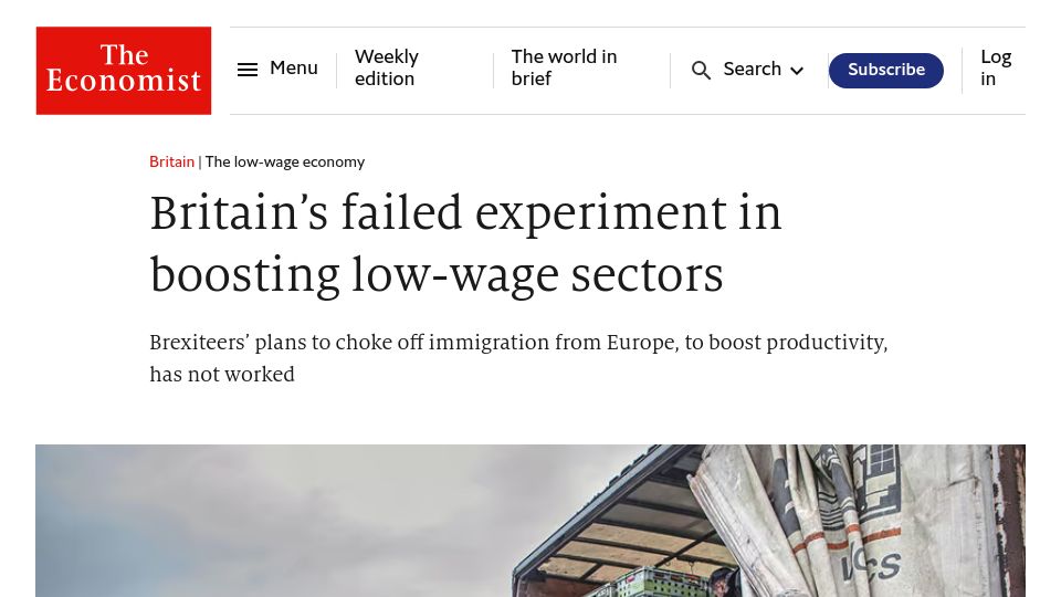 Screenshot of economist.com: Britain’s failed experiment in boosting low-wage sectors