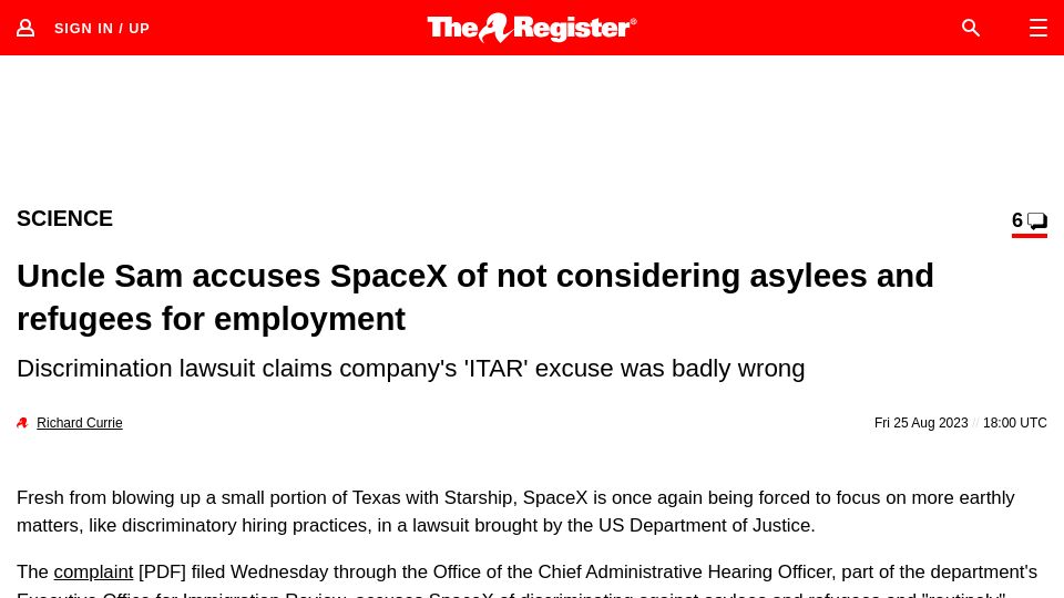 Screenshot of theregister.com: Uncle Sam accuses SpaceX of not considering asylees and refugees for employment