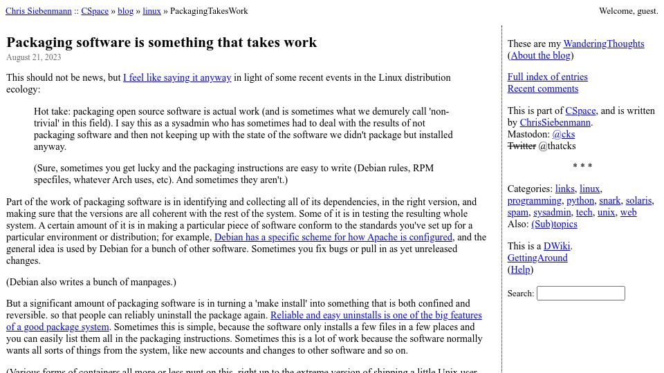 Screenshot of utcc.utoronto.ca: Packaging software is something that takes work