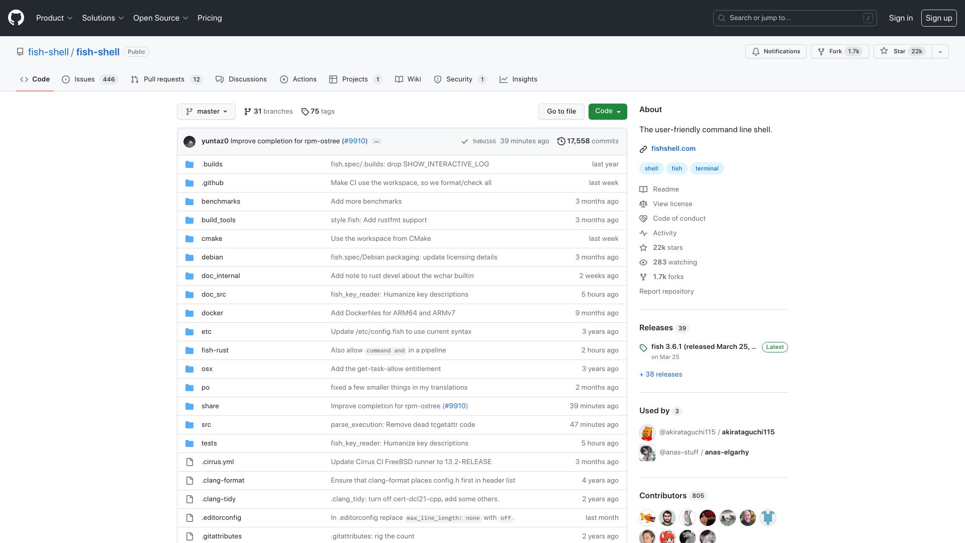 Screenshot of github.com: Fish – A friendly interactive shell