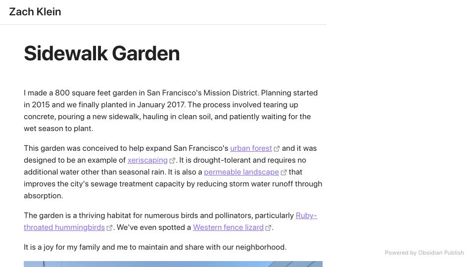 Screenshot of zachklein.com: Sidewalk Garden