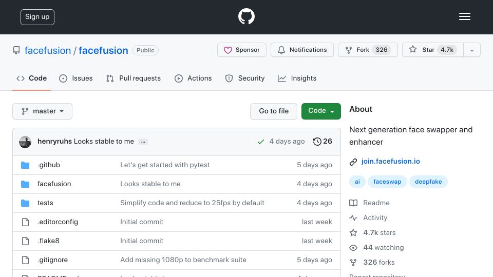Screenshot of github.com: FaceFusion: Next generation face swapper and enhancer