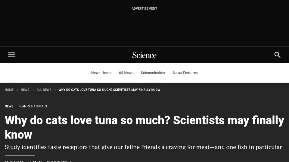 Screenshot of science.org: Why do cats love tuna so much? Scientists may finally know