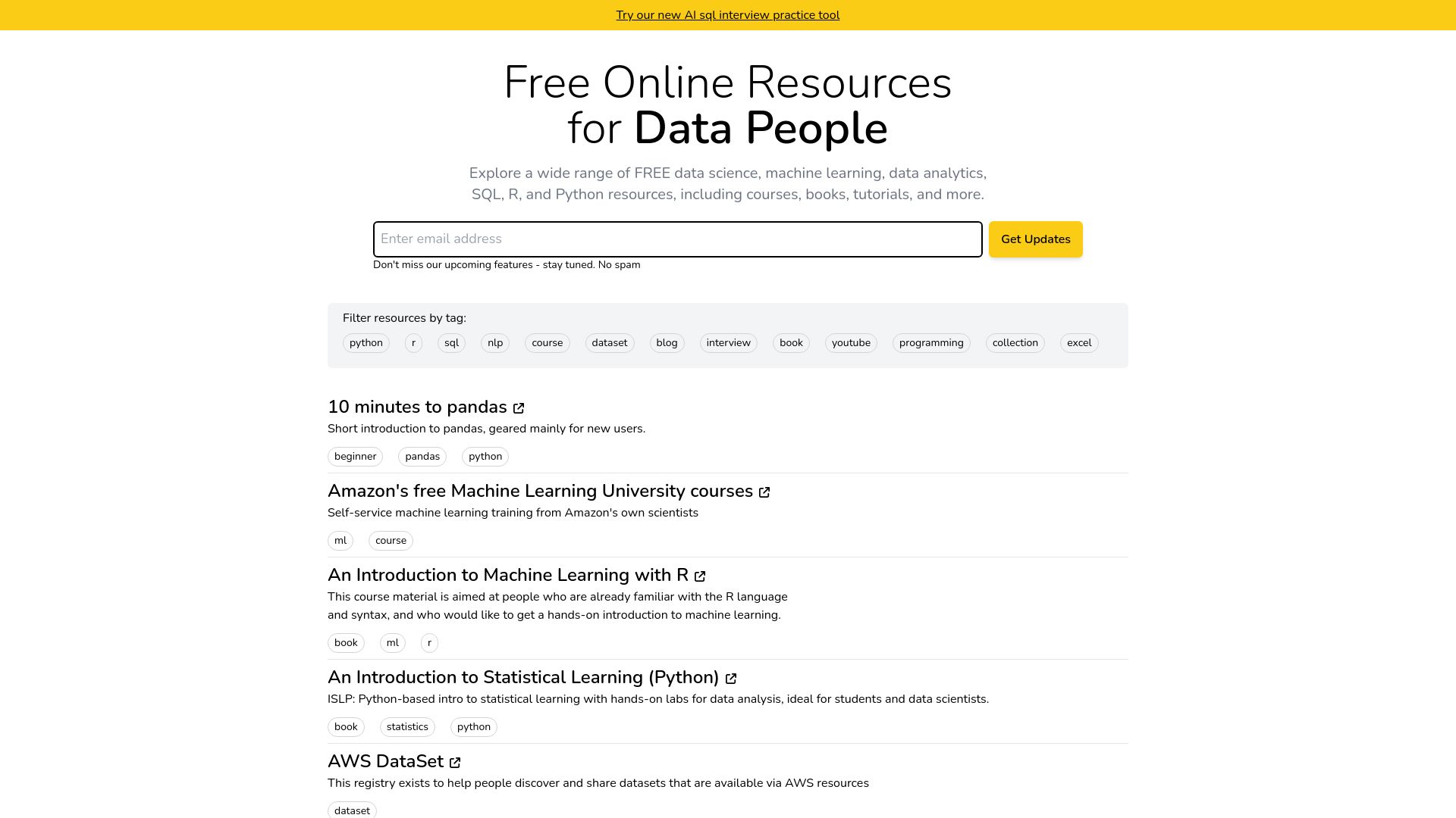 Screenshot of datapen.io: Datapen.io – A Curation of Free Data Science Resources