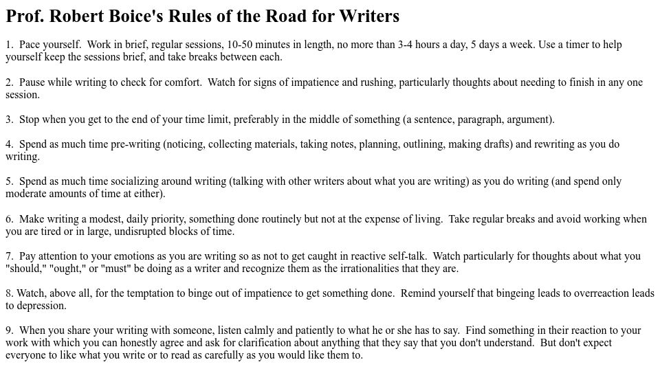 Screenshot of home.uchicago.edu: Prof. Robert Boice's Rules of the Road for Writers (2012)
