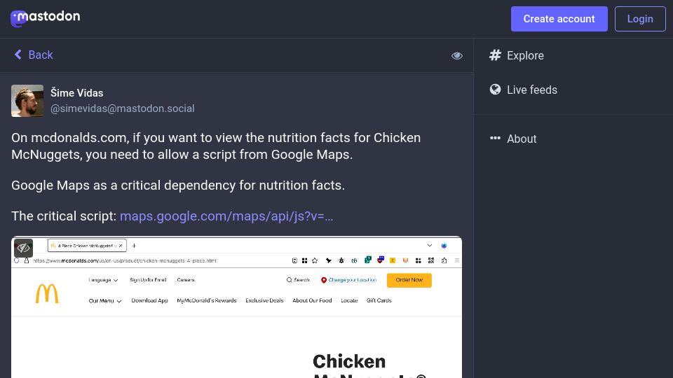 Screenshot of mastodon.social: Google Maps is a critical dependency for nutrition facts on mcdonalds.com
