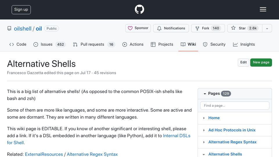 Screenshot of github.com: Alternative Shells
