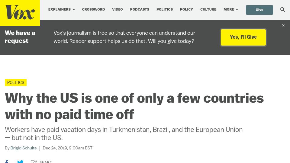 Screenshot of vox.com: Why the US is one of only a few countries with no paid time off
