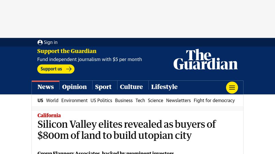 Screenshot of theguardian.com: Silicon Valley elites revealed as buyers of $800M of land to build utopian city