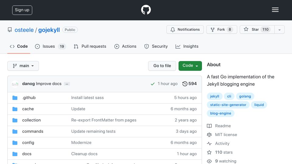 Screenshot of github.com: Gojekyll: A fast, partially compatible Go clone of Jekyll