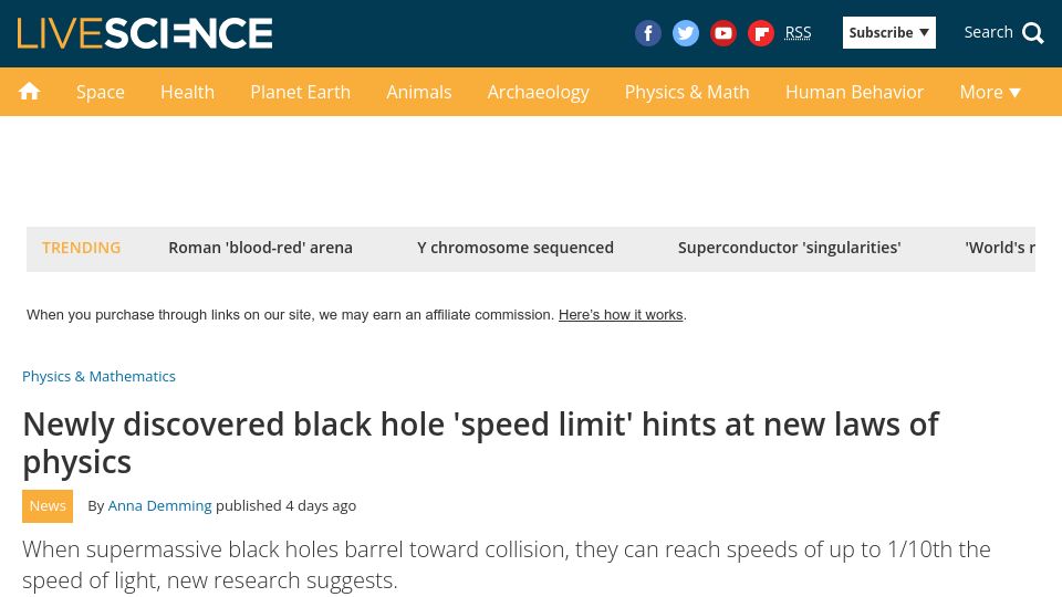 Screenshot of livescience.com: Newly discovered black hole 'speed limit' hints at new laws of physics