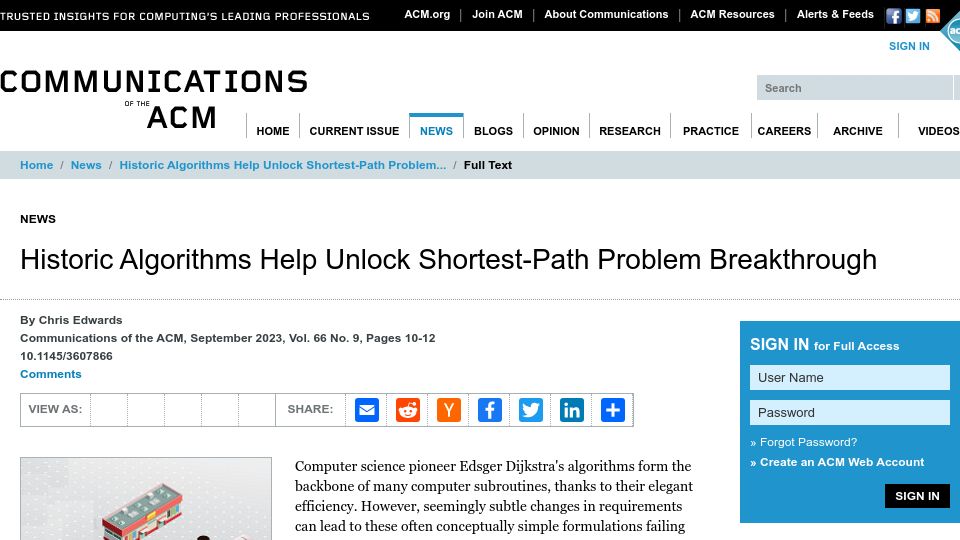 Screenshot of cacm.acm.org: Historic algorithms help unlock shortest-path problem breakthrough