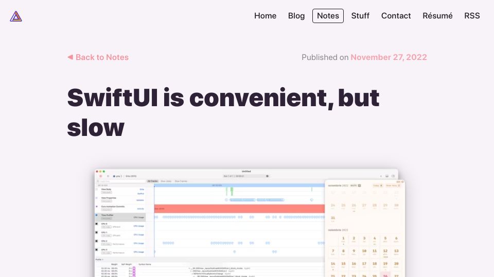 Screenshot of notes.alinpanaitiu.com: SwiftUI Is Convenient, but Slow (2022)