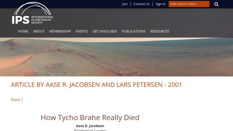 Screenshot of ips-planetarium.org: How Tycho Brahe really died (2001)