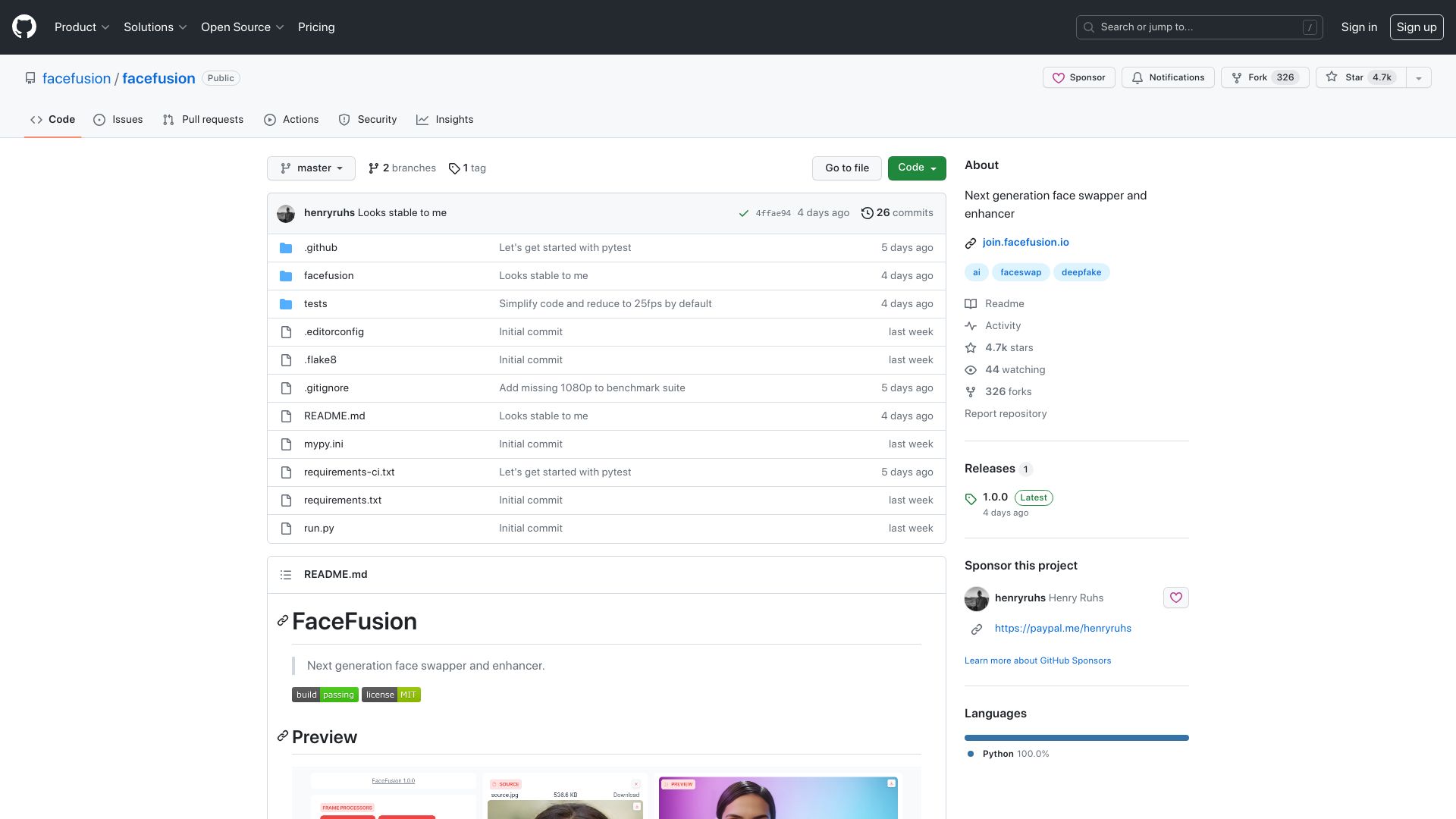 Screenshot of github.com: FaceFusion: Next generation face swapper and enhancer
