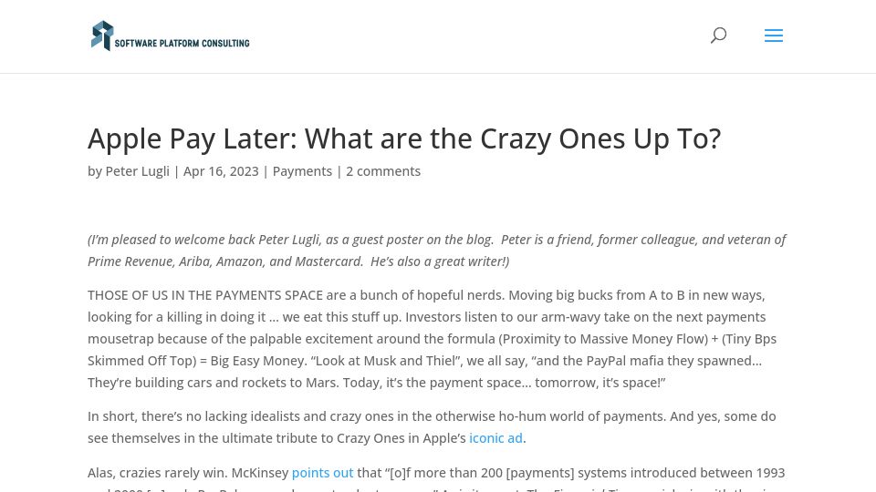 Screenshot of softwareplatform.net: Apple Pay Later: What Are the Crazy Ones Up To?