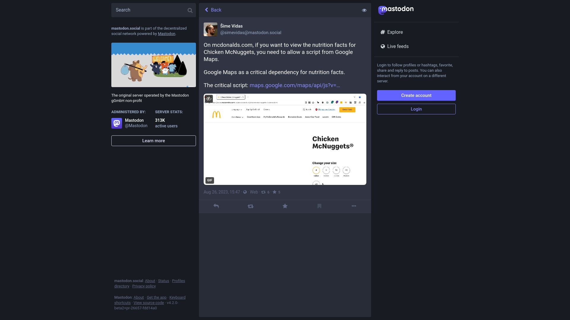 Screenshot of mastodon.social: Google Maps is a critical dependency for nutrition facts on mcdonalds.com