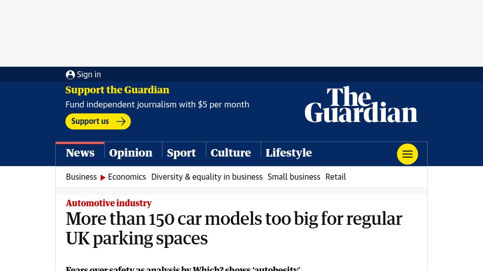 Screenshot of theguardian.com: “Autobesity”: More than 150 car models too big for regular UK parking spaces