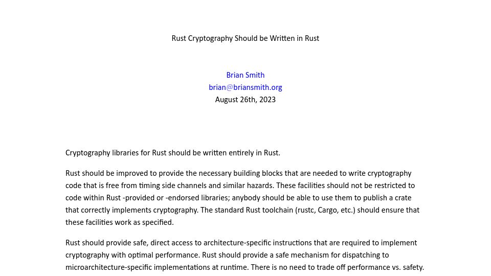 Screenshot of briansmith.org: Rust Cryptography Should Be Written in Rust