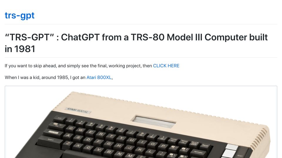 Screenshot of druid77.github.io: Show HN: TRS-GPT – ChatGPT client/server for the TRS-80