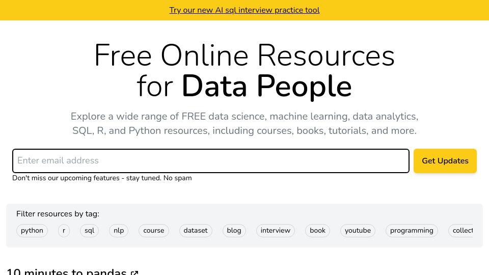 Screenshot of datapen.io: Datapen.io – A Curation of Free Data Science Resources