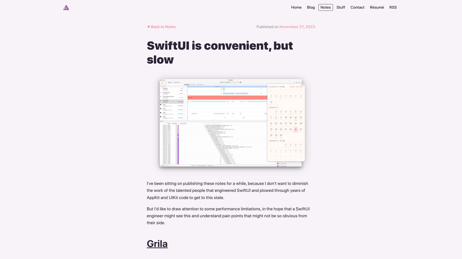 Screenshot of notes.alinpanaitiu.com: SwiftUI Is Convenient, but Slow (2022)
