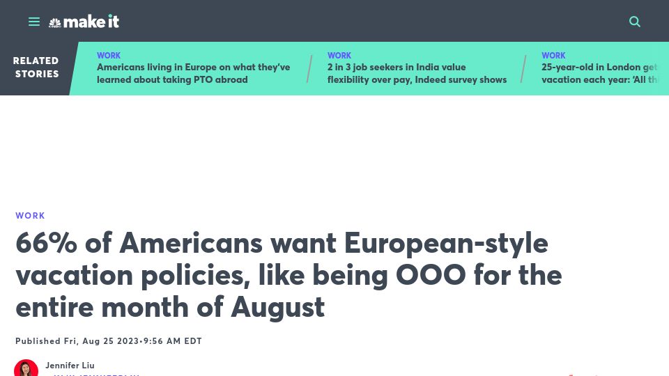 Screenshot of cnbc.com: 66% of Americans say they want extended European-style vacation policies at work