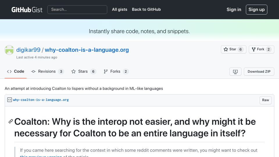 Screenshot of gist.github.com: Introducing Coalton to lispers without a background in ML-like languages