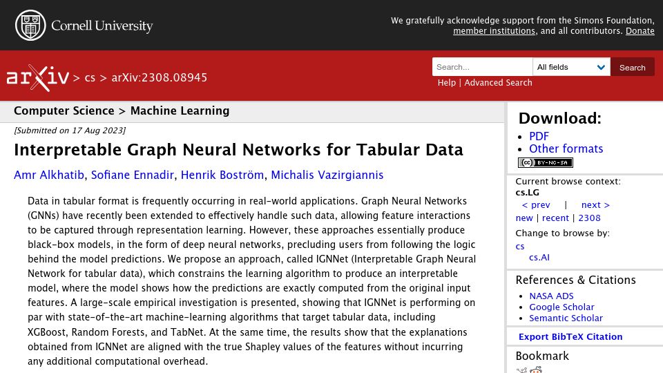 Screenshot of arxiv.org: Interpretable graph neural networks for tabular data