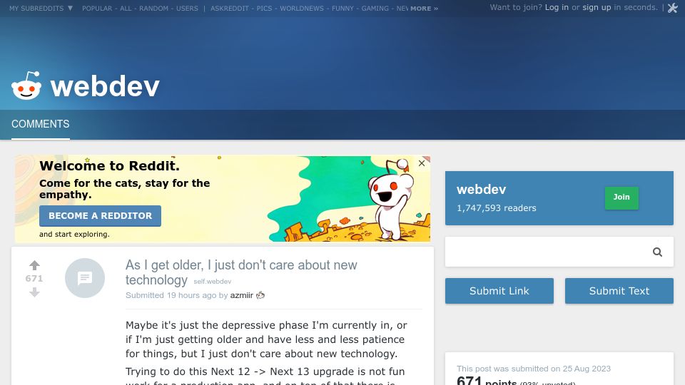 Screenshot of old.reddit.com: As I get older, I just don't care about new technology