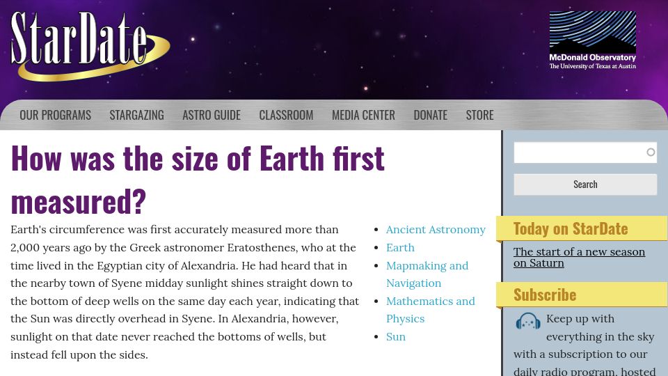 Screenshot of stardate.org: How was the size of Earth first measured? (2015)