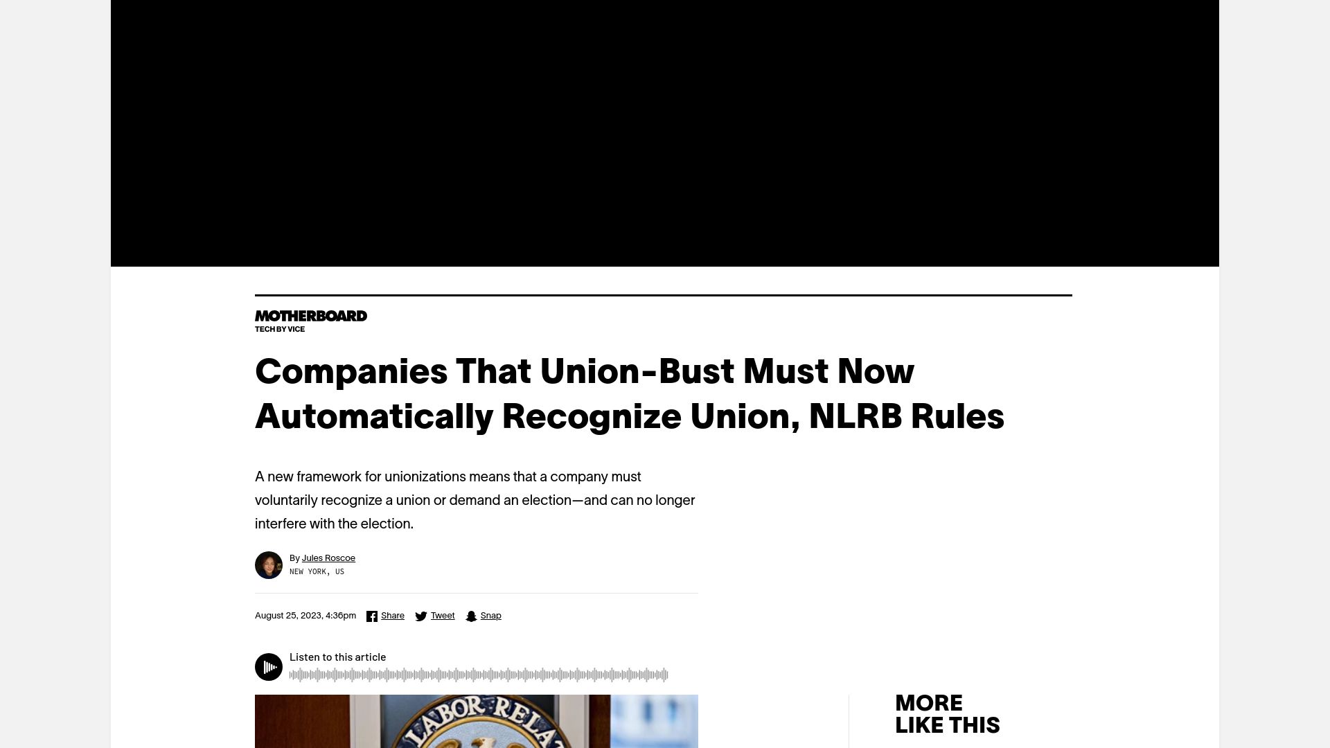 Screenshot of vice.com: Companies That Union-Bust Must Now Automatically Recognize Union, NLRB Rules