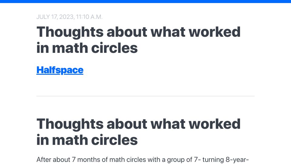 Screenshot of buttondown.email: Thoughts about what worked in math circles
