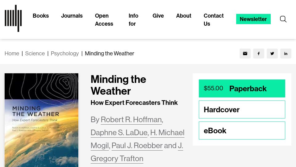 Screenshot of mitpress.mit.edu: A study of research on the psychology of expertise in weather forecasting