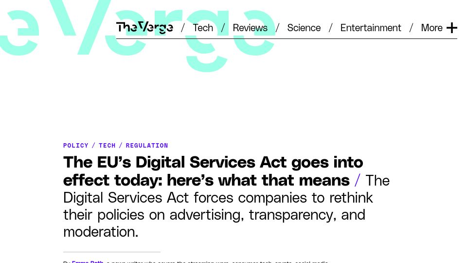 Screenshot of theverge.com: The EU’s Digital Services Act is now in effect