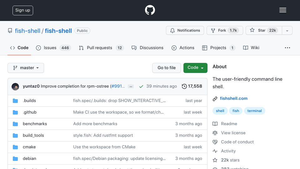 Screenshot of github.com: Fish – A friendly interactive shell