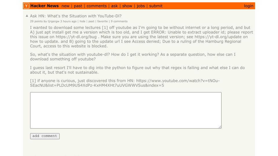 Screenshot of Hacker News post: Ask HN: What's the Situation with YouTube-Dl?