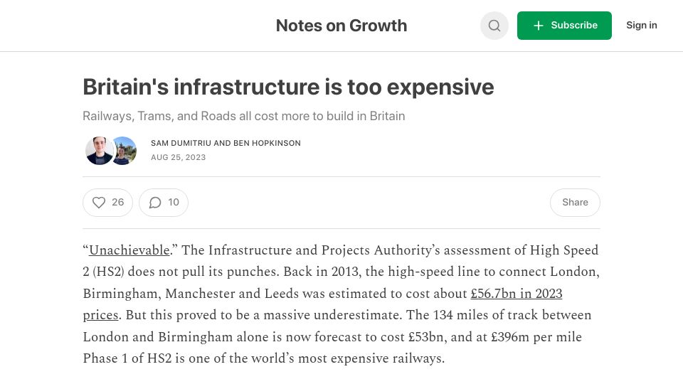 Screenshot of samdumitriu.com: UK's infrastructure is too expensive: Railways, Trams, and Roads all cost more